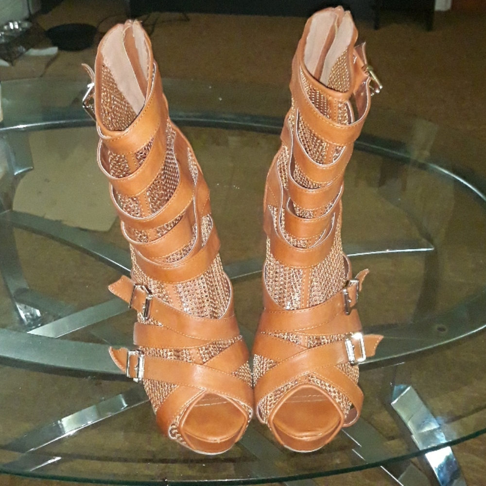Strappy mesh open toe heel booties